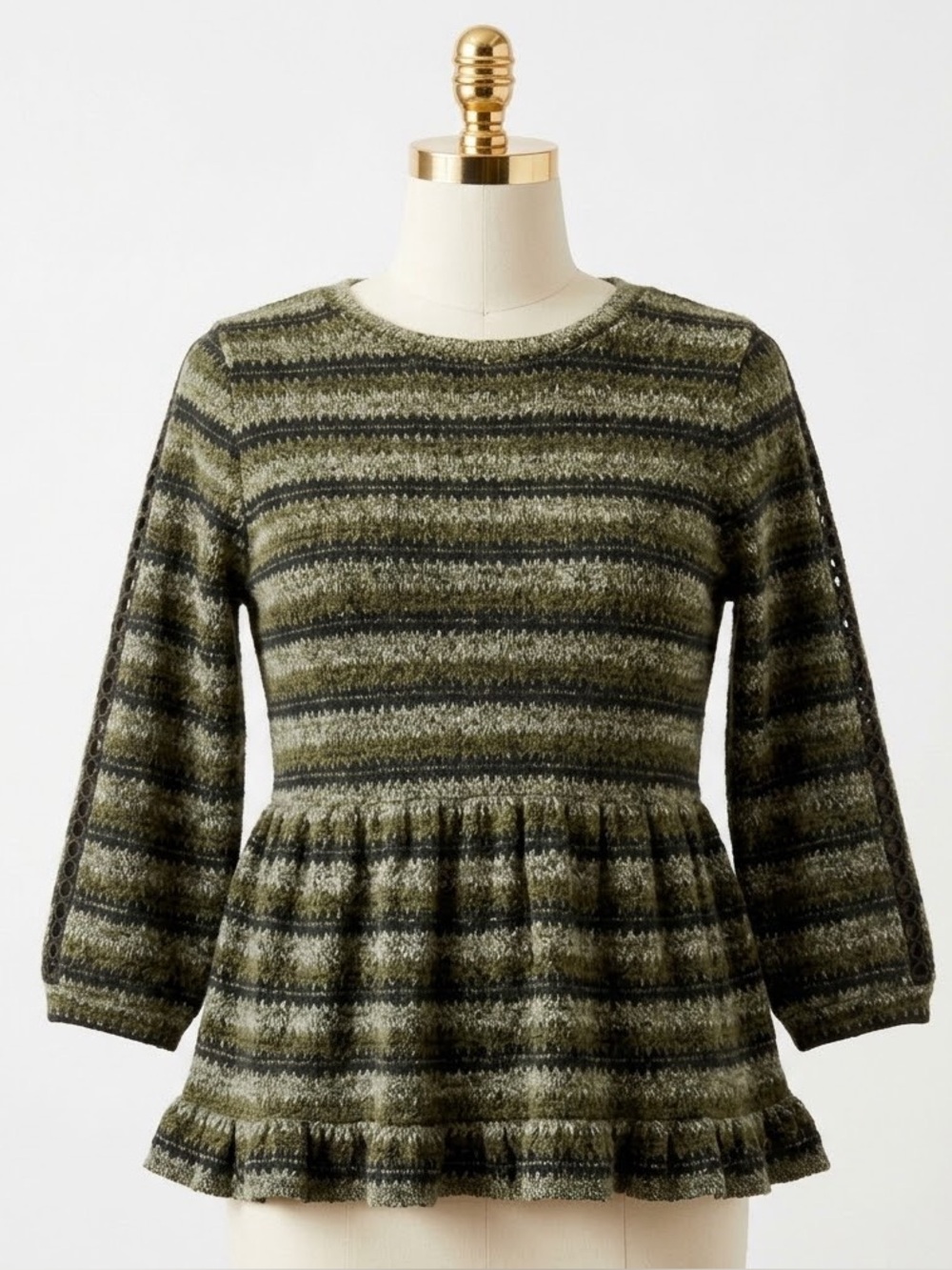 Ro & De Striped Peplum Knit Top Eyelet Ladder Cutout Sleeve Ruffle Olive Green S
